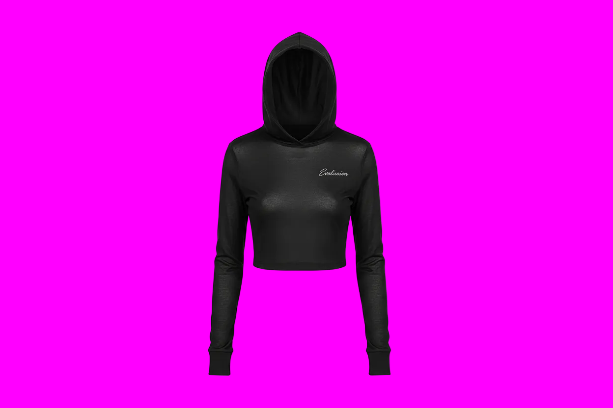 Evoluxion Women's Black Cropped Hoodie with tiny silver cursive logo
